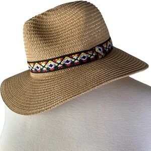 Straw Hat Boho Multi Color Embroidery Detail Strap One Size Fits Most NEW